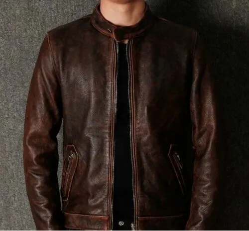 New Men's British A-flyer Dark Brown Cafe Racer Leather Jacket