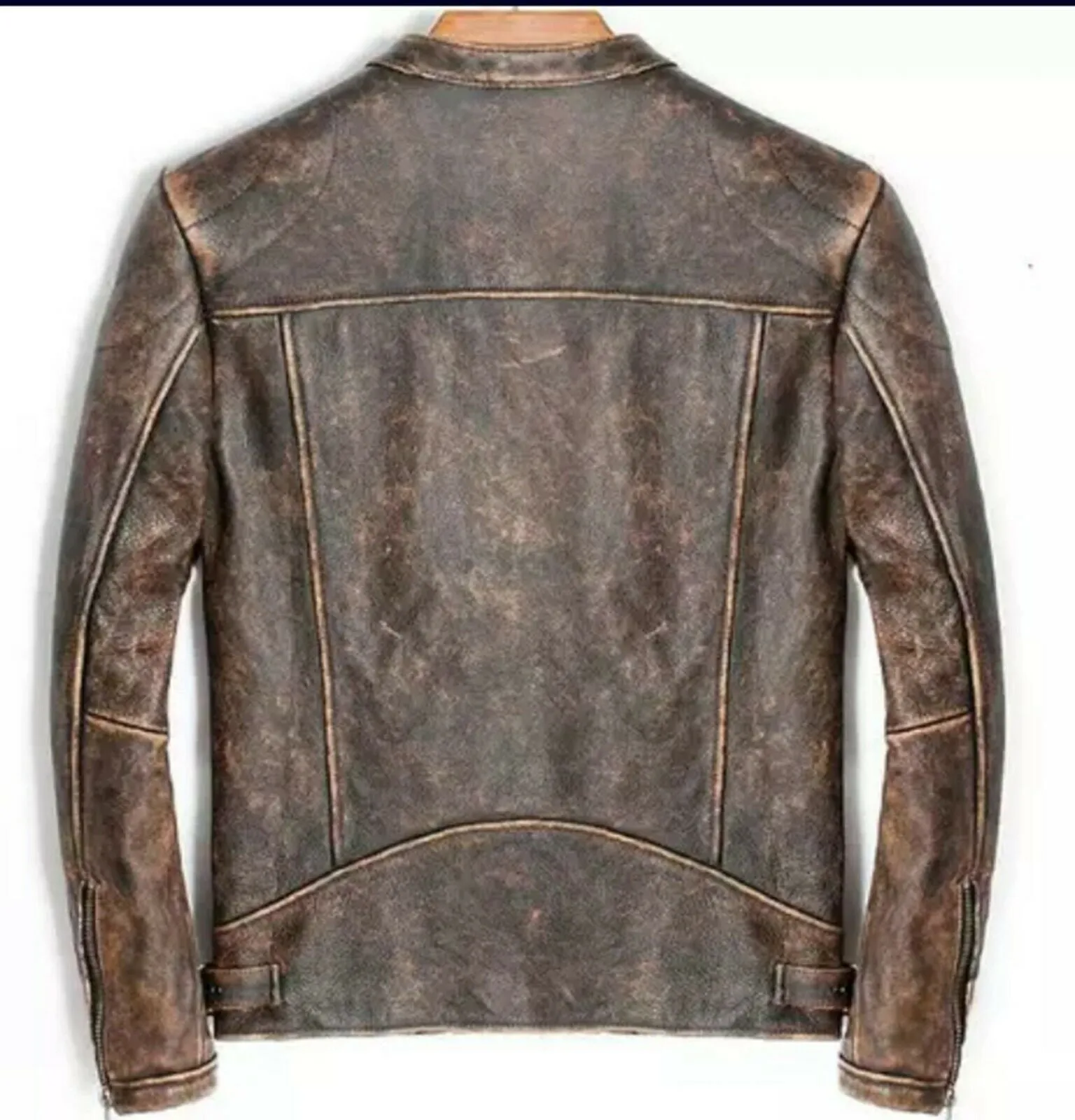 New Men's British Vintage Cowhide Antique Distressed Brown Cafe Racer Leather Jacket