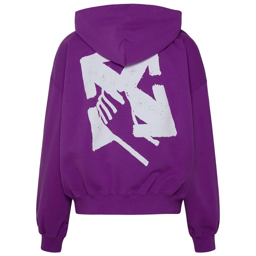 Off White Hand Arrow Design Boxy Fit Purple Oversized Hoodie