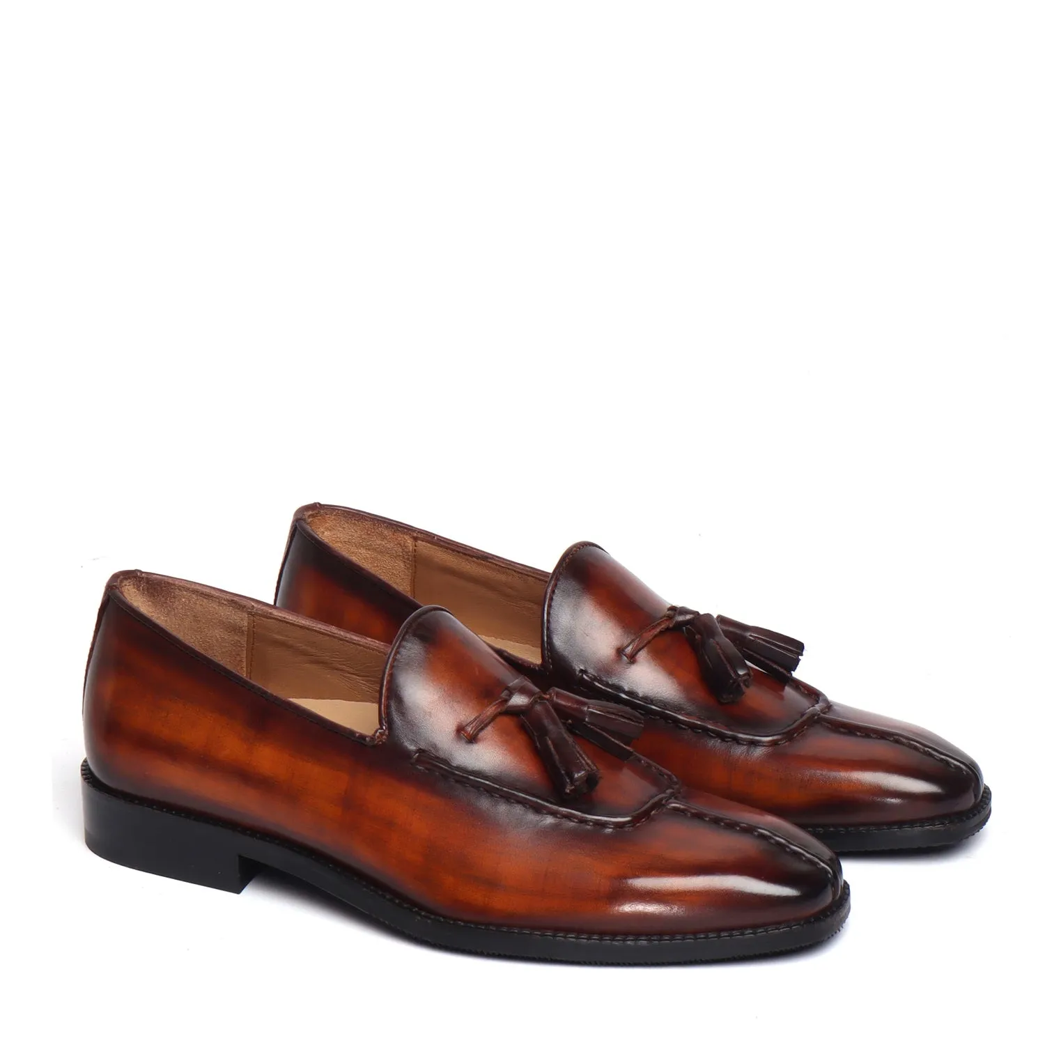 Paint Brush Look Cognac-Brown Leather Tassel Slip-On Shoes