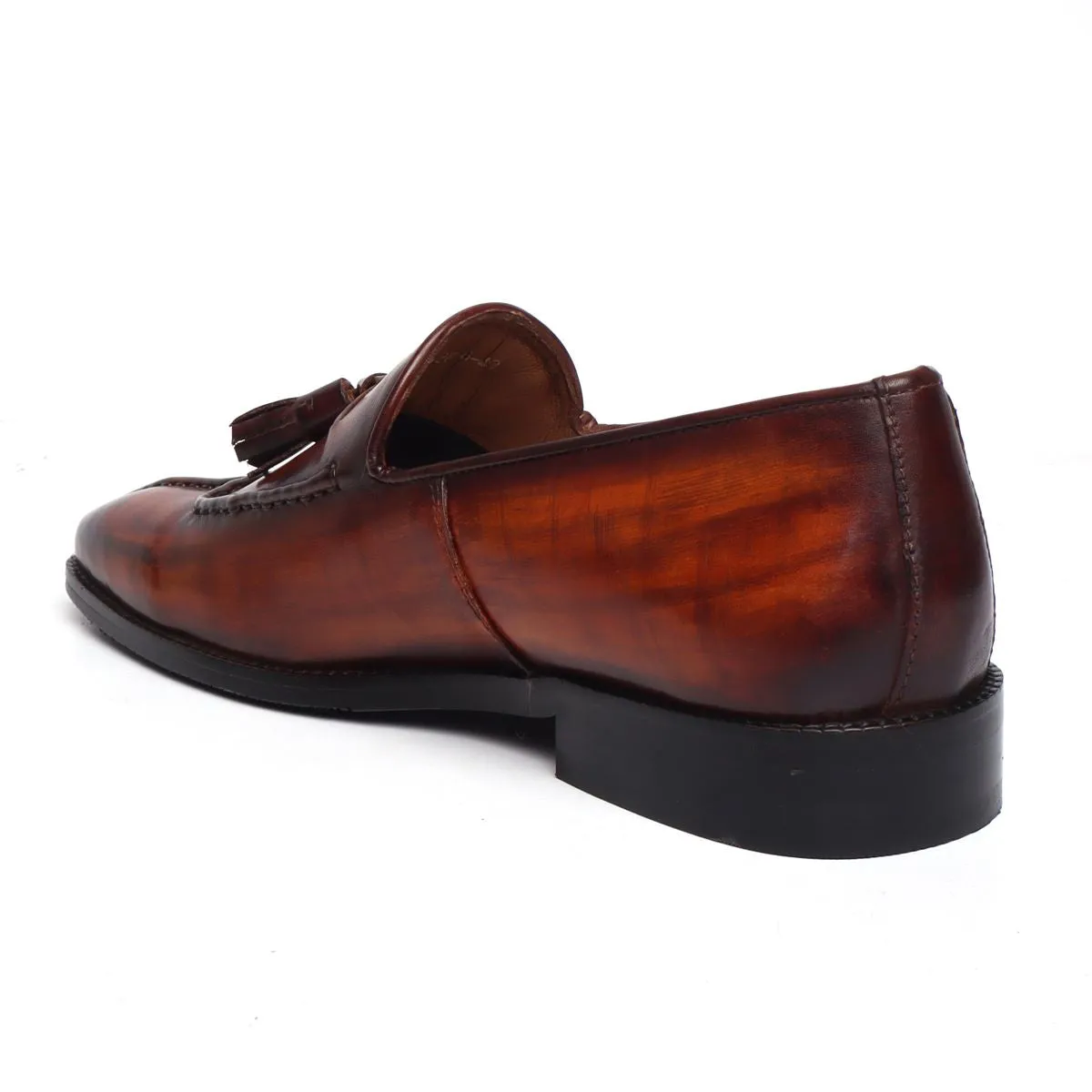 Paint Brush Look Cognac-Brown Leather Tassel Slip-On Shoes