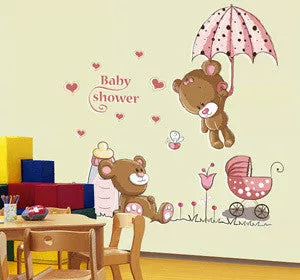 Pink Cartoon Cat Rabbit Flower Wall Sticker For Baby Girls Kids Rooms Home Decor Teddy Bear Umbrella Classroom Wall Decals SM6