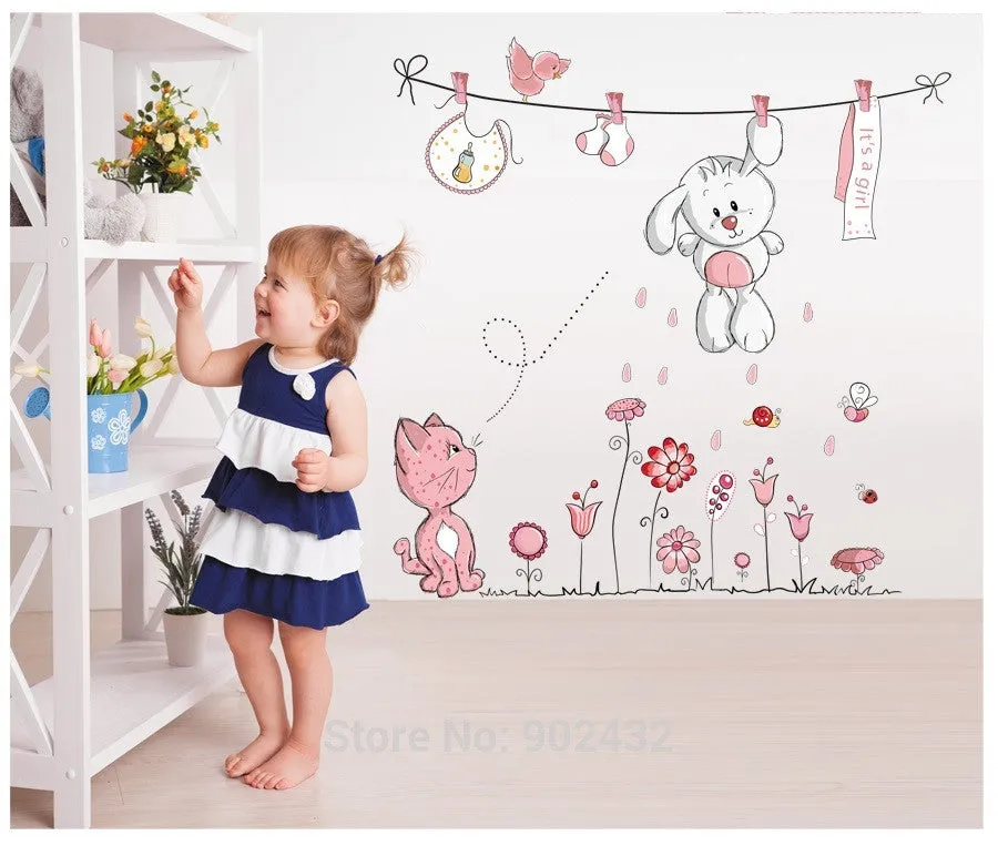 Pink Cartoon Cat Rabbit Flower Wall Sticker For Baby Girls Kids Rooms Home Decor Teddy Bear Umbrella Classroom Wall Decals SM6