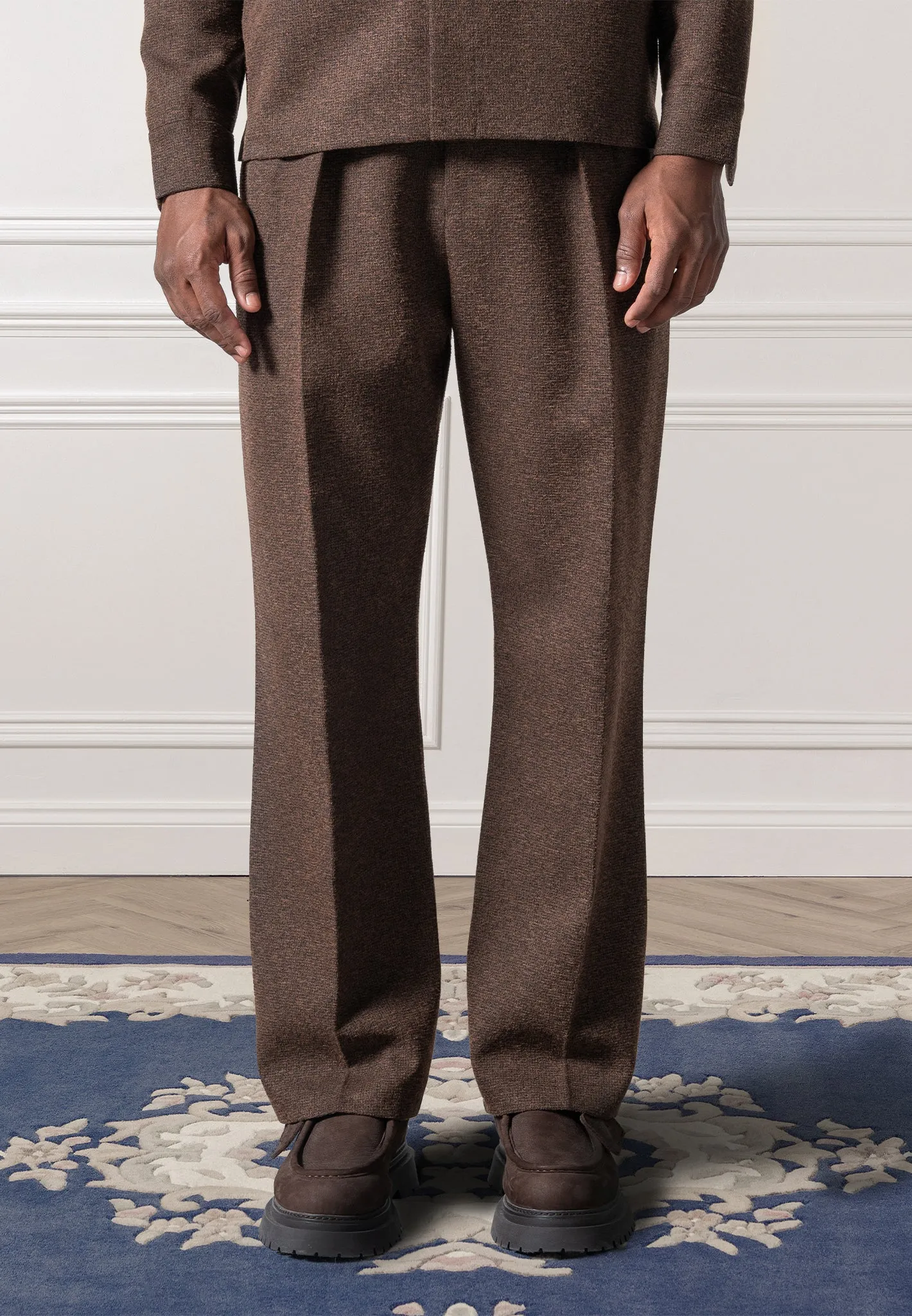 Relaxed Fit Melange Twin Pleat Tailored Trousers - Brown