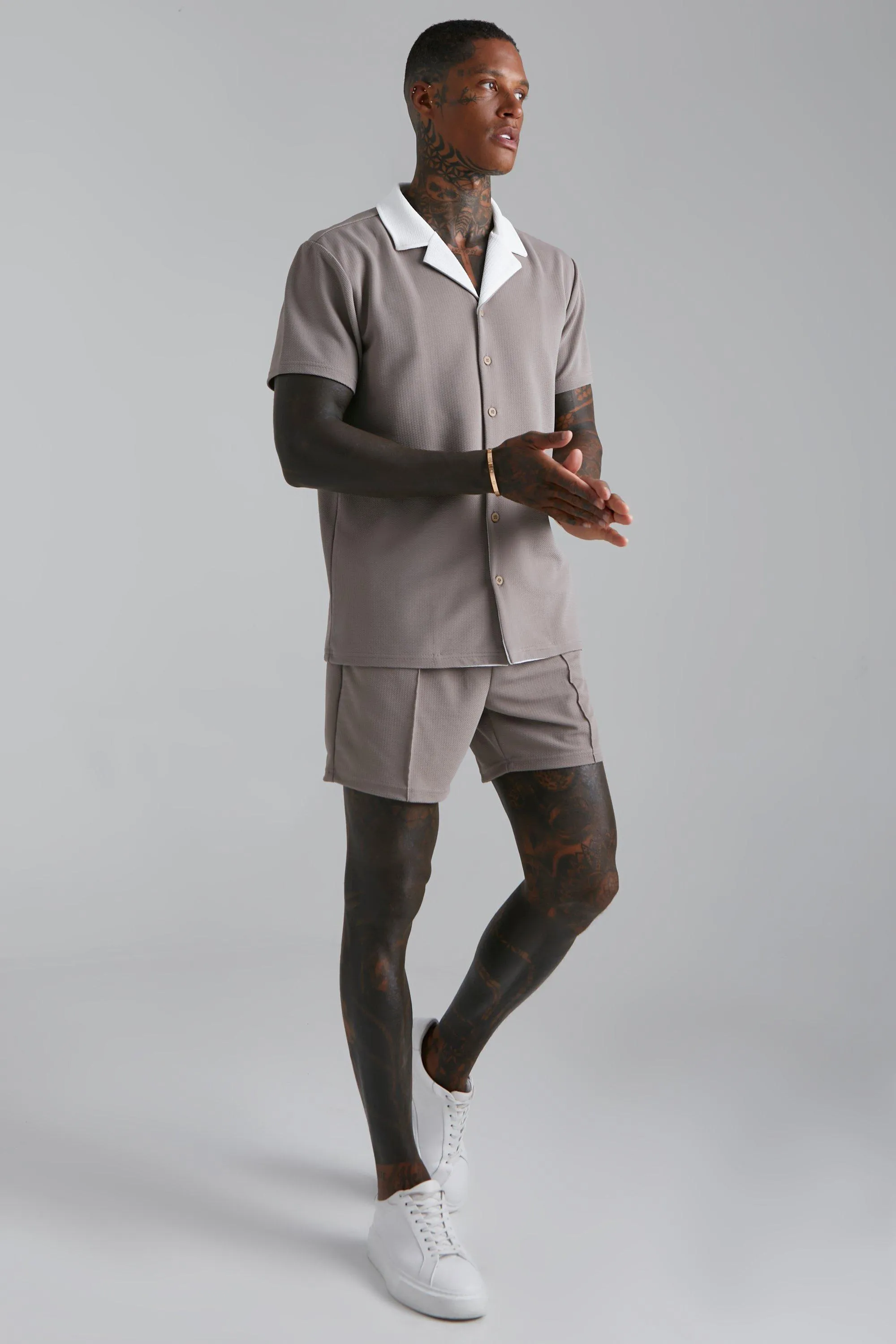 Short Sleeve Jersey Textured Shirt And Short | boohooMAN UK