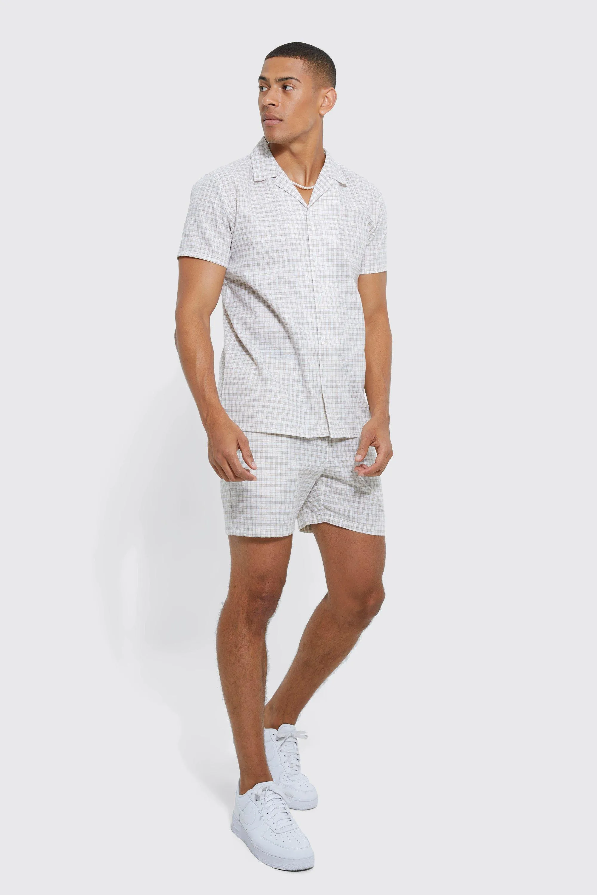 Short Sleeve Lightweight Mini Check Shirt & Short | boohooMAN UK