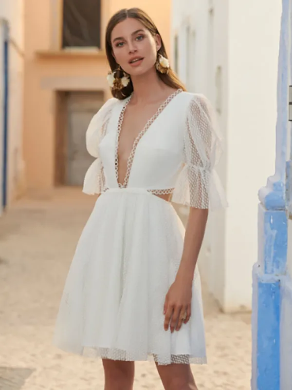 Short Wedding Dresses V-Neck Half Sleeves Short Short Short Bridal Dress