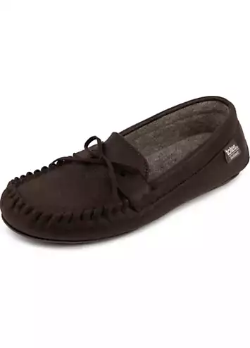 Totes Isotoner Mens Brown Distressed Moccasin Slipper with Herringbone Socks | Grattan