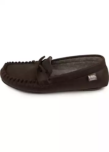 Totes Isotoner Mens Brown Distressed Moccasin Slipper with Herringbone Socks | Grattan