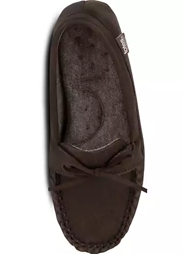 Totes Isotoner Mens Brown Distressed Moccasin Slipper with Herringbone Socks | Grattan