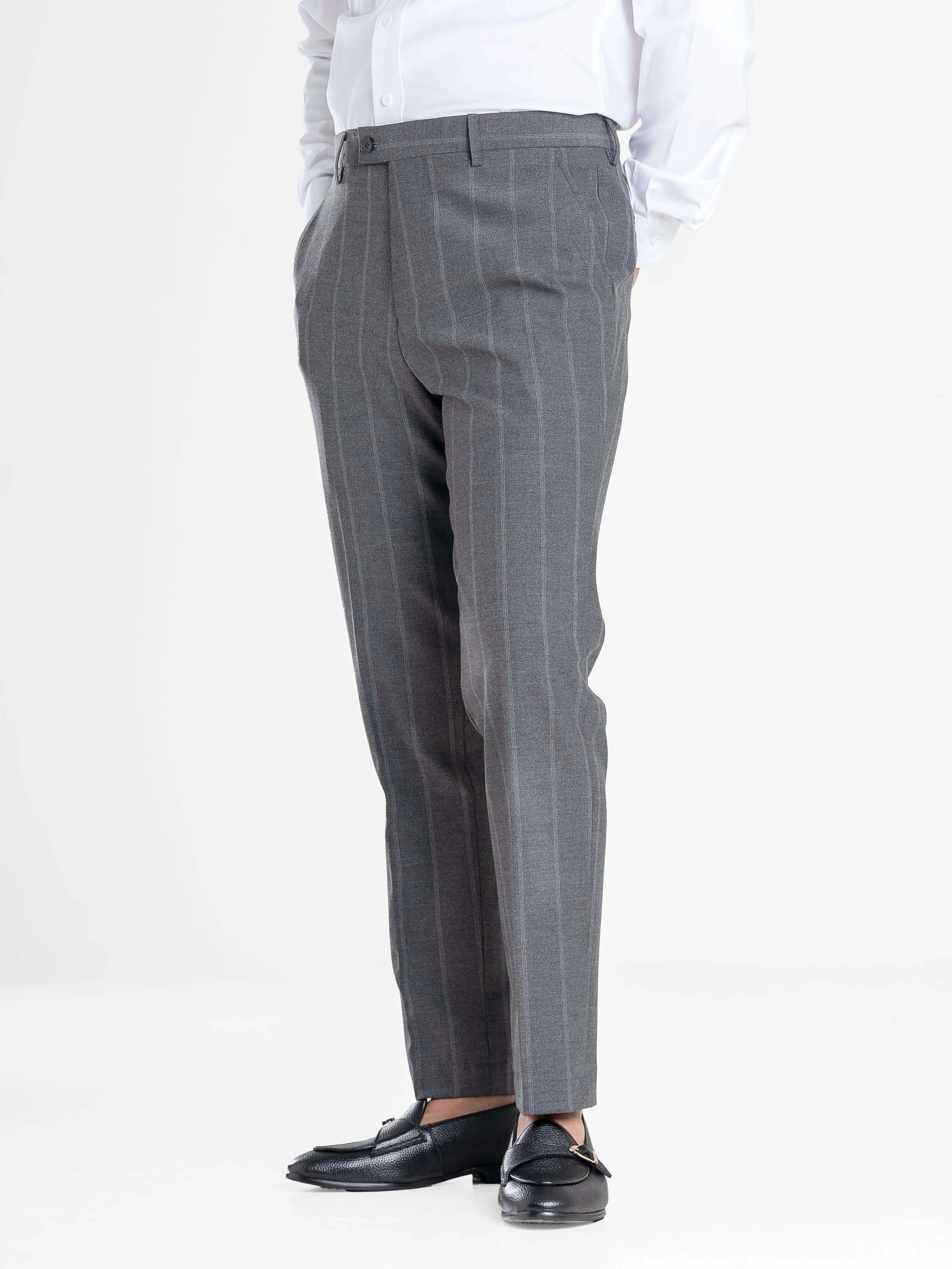 Trousers With Belt Loop -  Dark Grey Wide Stripes (Stretchable)