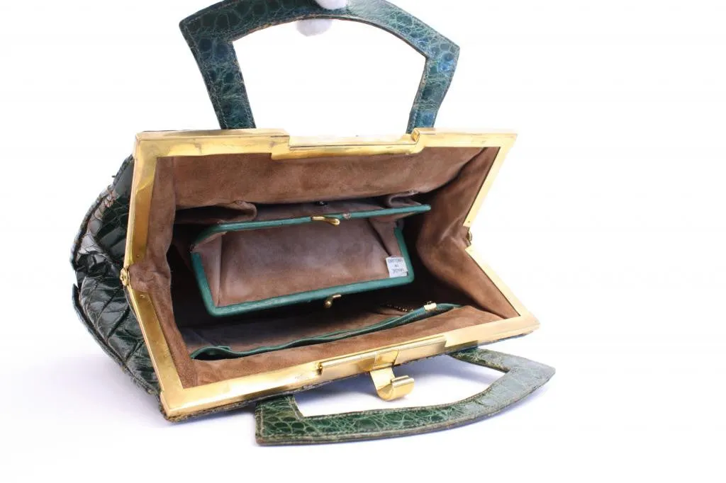 Vintage 40's Green Crocodile Handbag