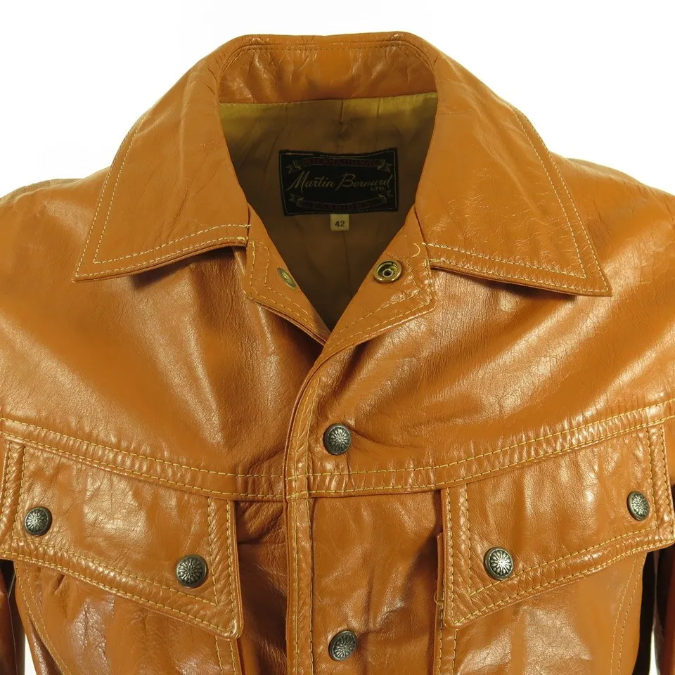 Vintage 60s Boho Brown Leather Jacket Mens 42 Woodstock Style