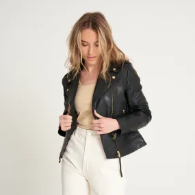 Women's Gold Trim Leather Biker Jacket - Samie - Barneys Originals