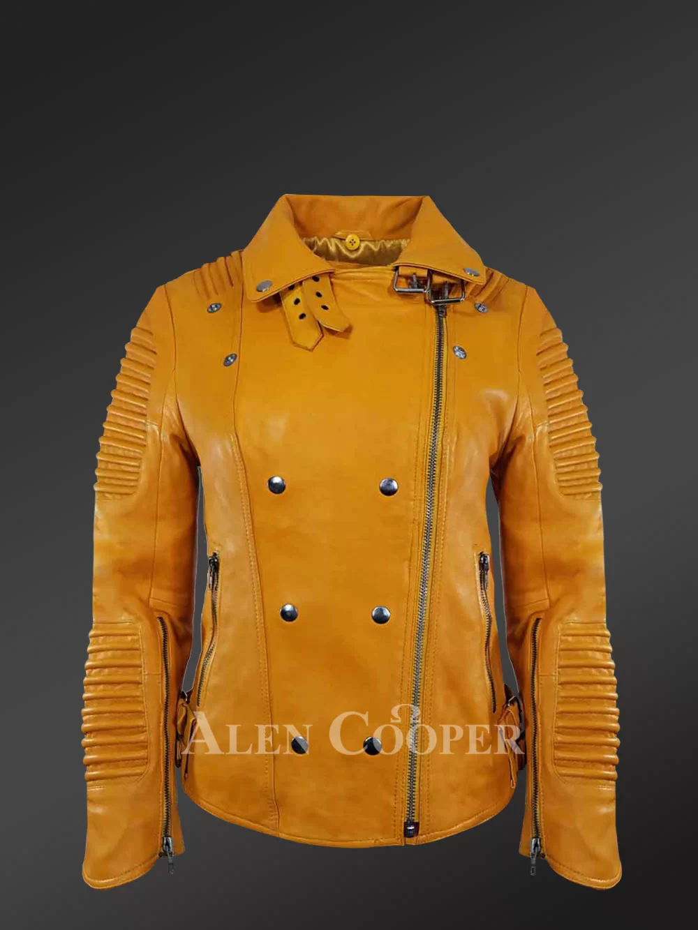 Women's Motorcycle Biker Jacket with Piped Sleeves in Yellow