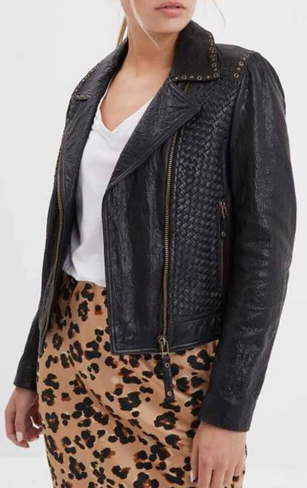 Women's black leather jacket in rose garden virginia biker style