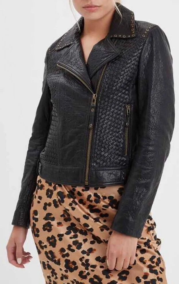 Women's black leather jacket in rose garden virginia biker style