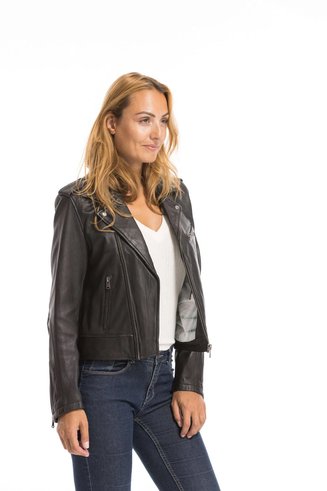 Women's black oakwood biker style leather jacket 64299