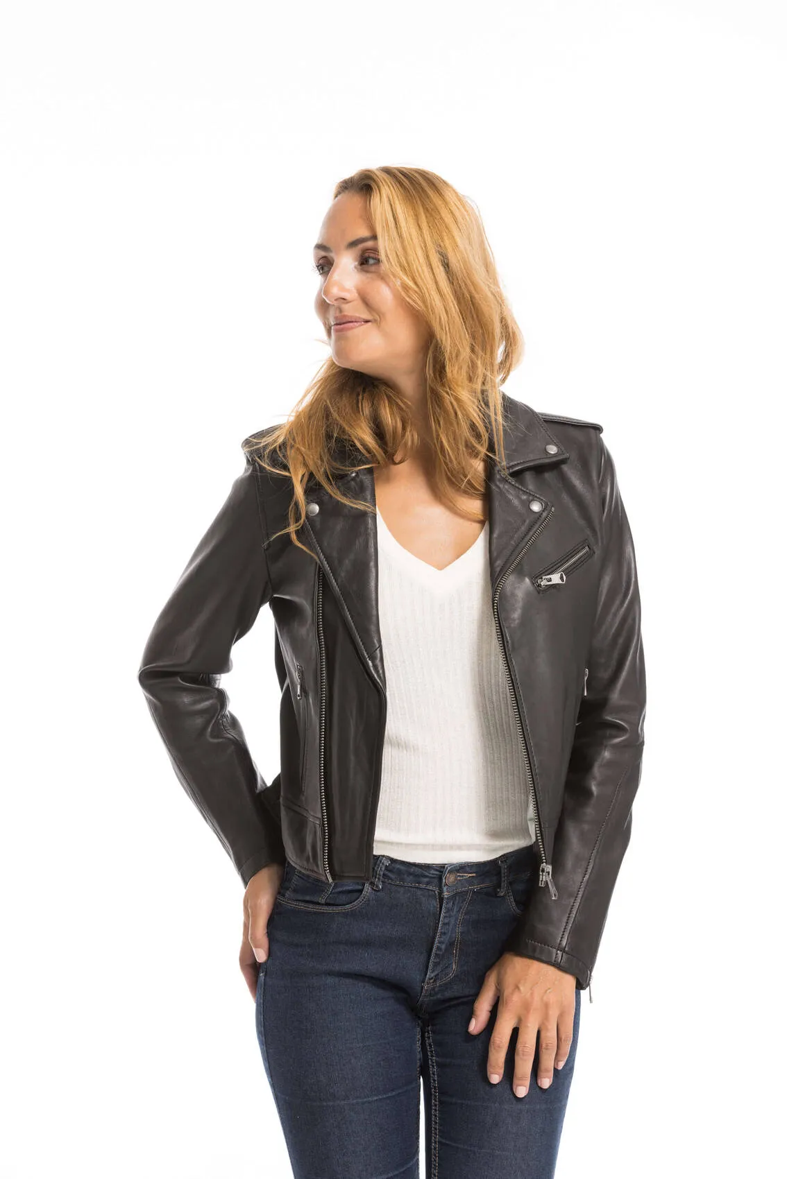 Women's black oakwood biker style leather jacket 64299