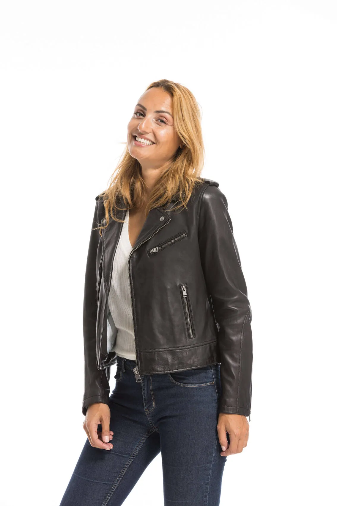 Women's black oakwood biker style leather jacket 64299