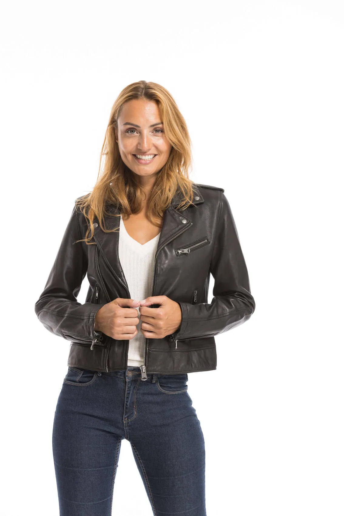 Women's black oakwood biker style leather jacket 64299