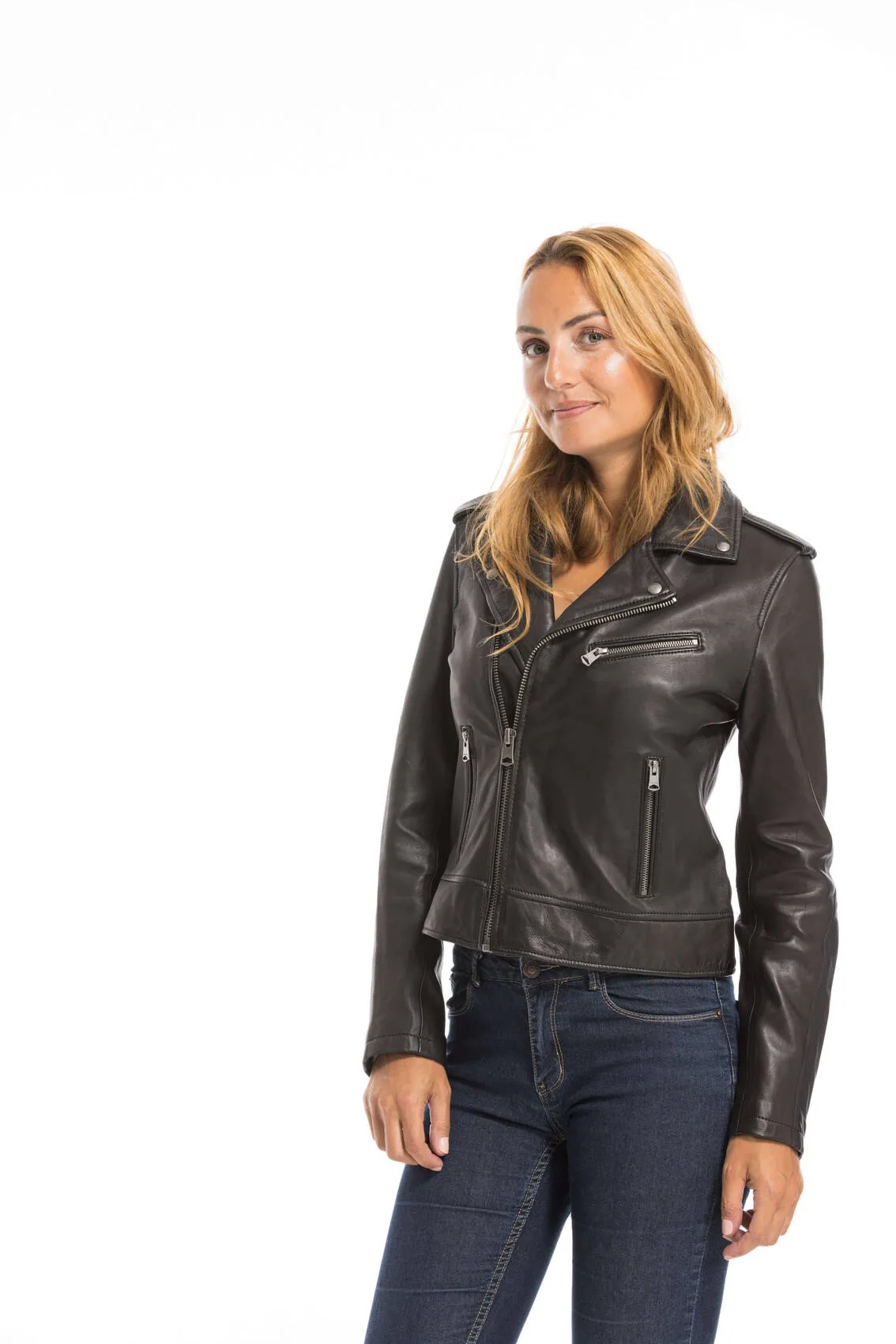 Women's black oakwood biker style leather jacket 64299