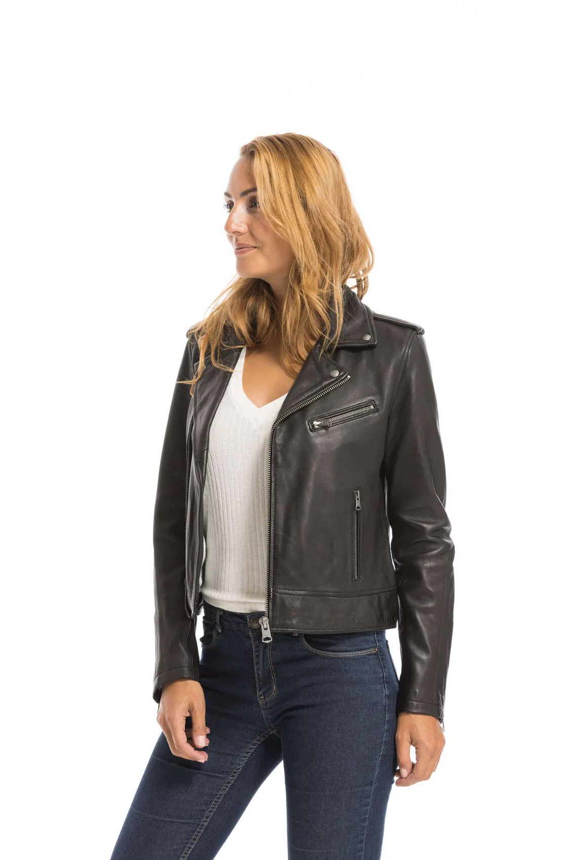 Women's black oakwood biker style leather jacket 64299