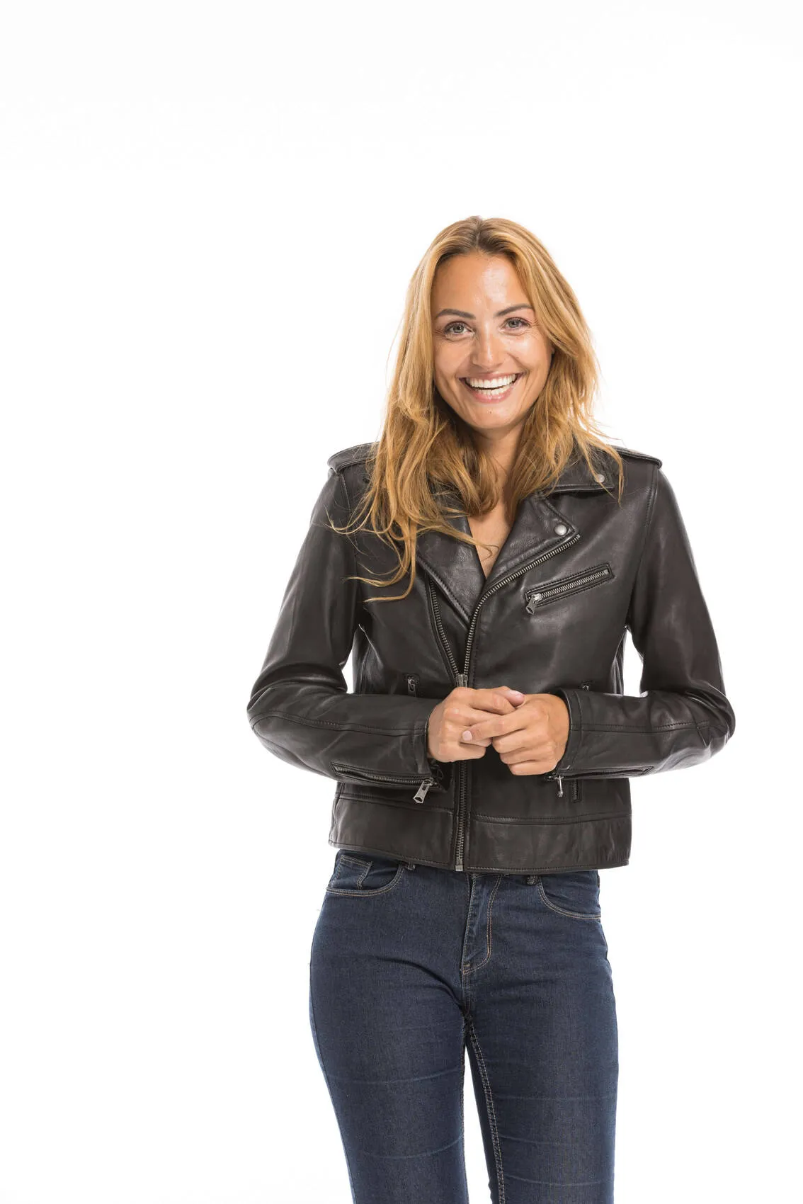 Women's black oakwood biker style leather jacket 64299