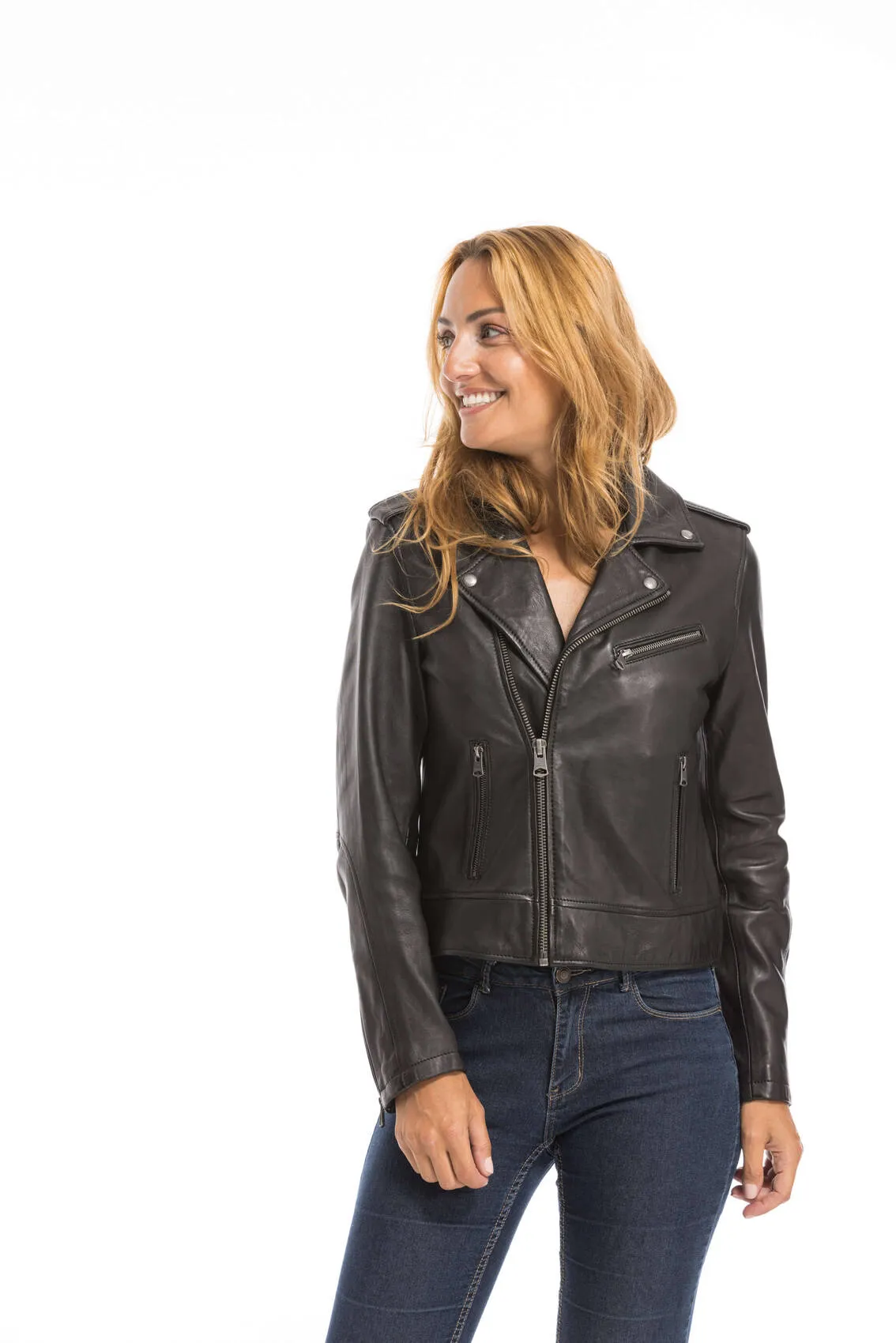 Women's black oakwood biker style leather jacket 64299