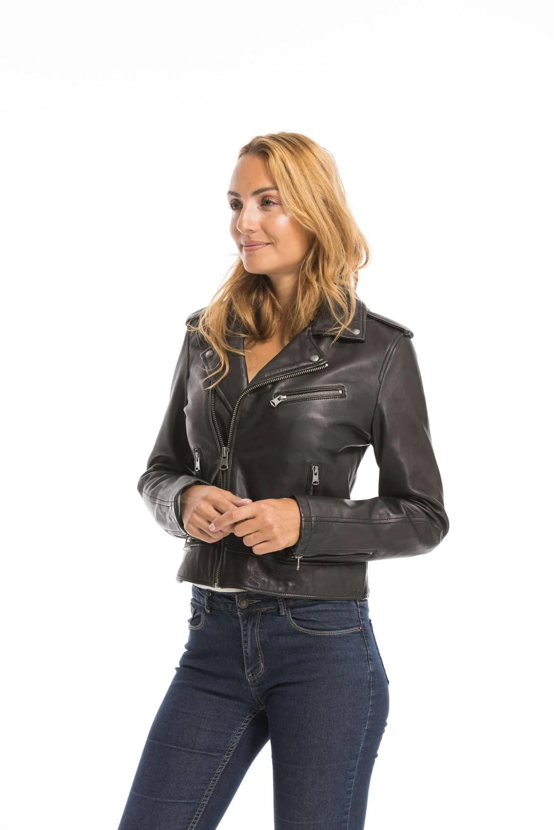 Women's black oakwood biker style leather jacket 64299