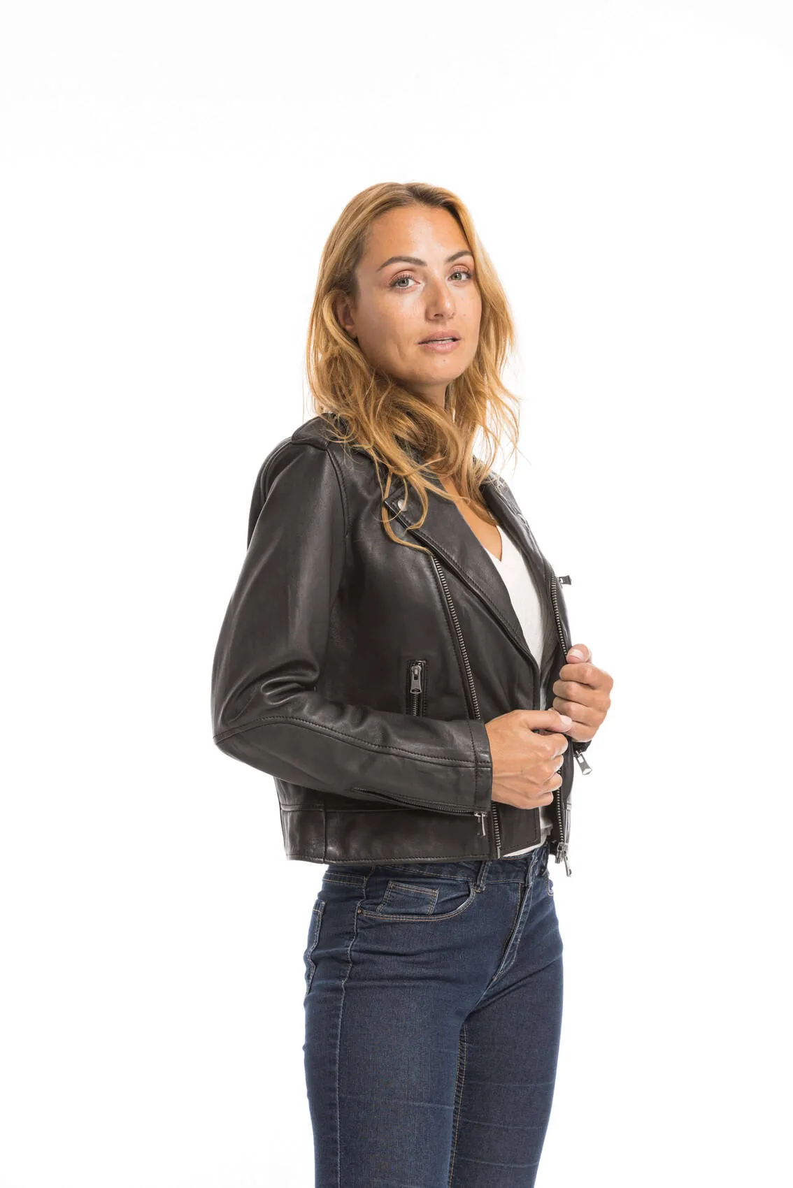 Women's black oakwood biker style leather jacket 64299