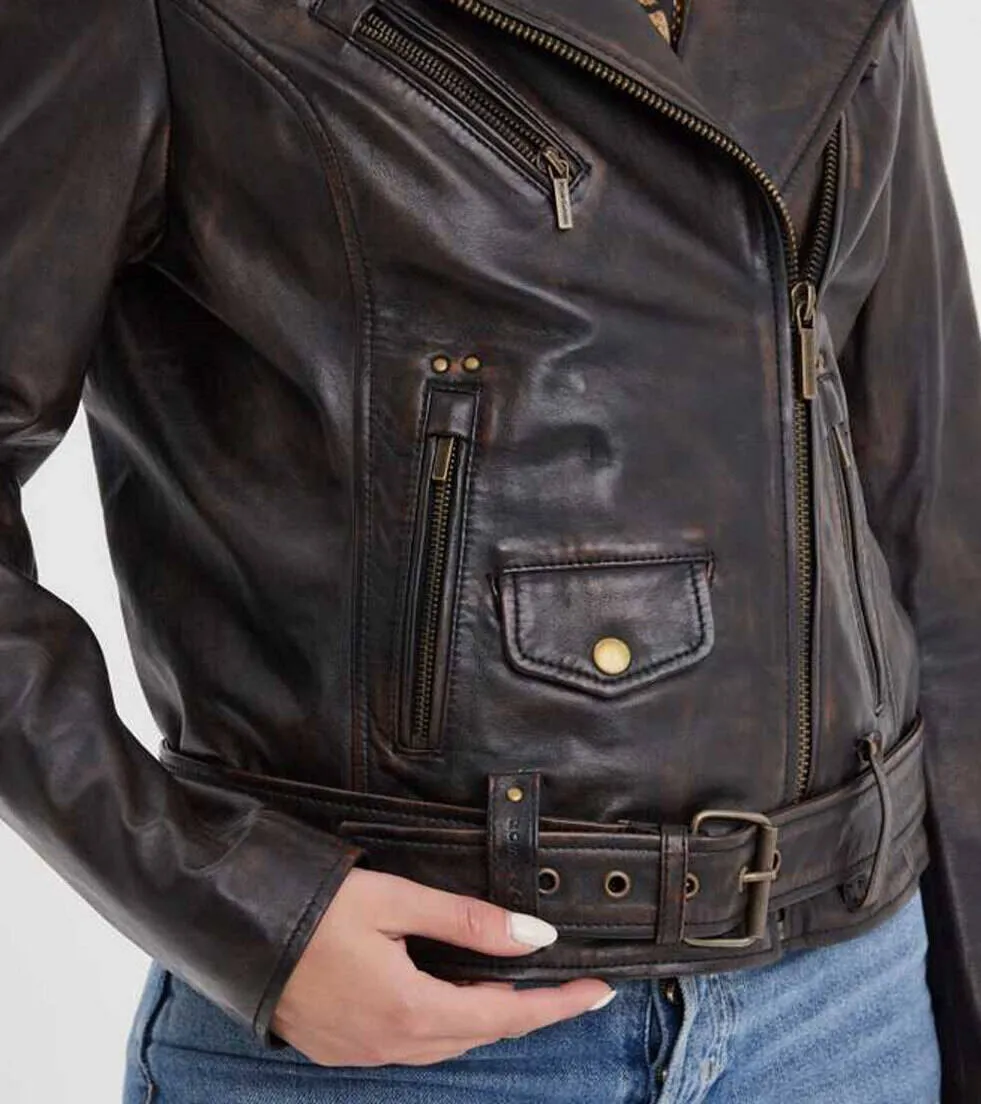 Women's black/cognac hooded leather jacket in rose garden line biker style