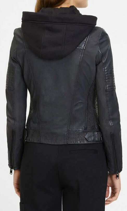 Women's gray hooded leather jacket in motorcycle style jadyn