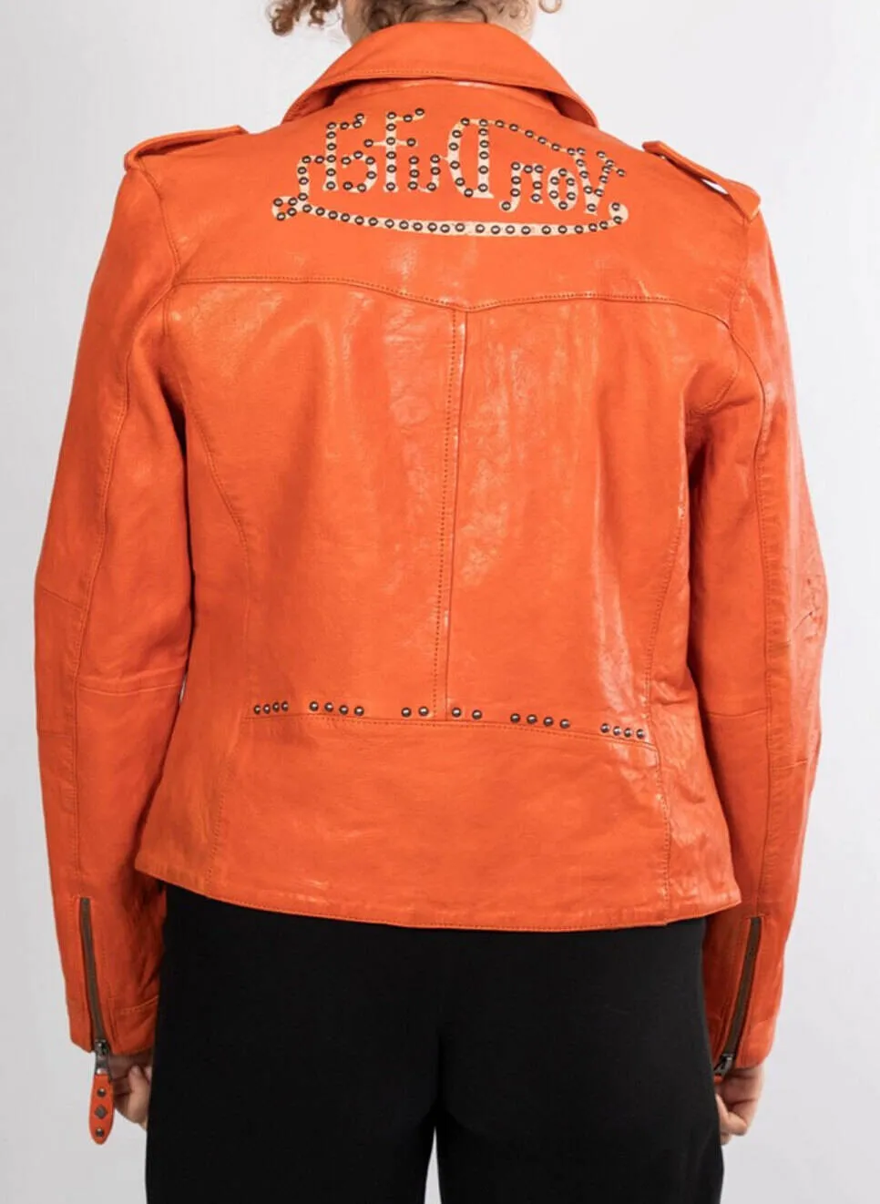 Women's orange biker style rose garden leather jacket lacosta