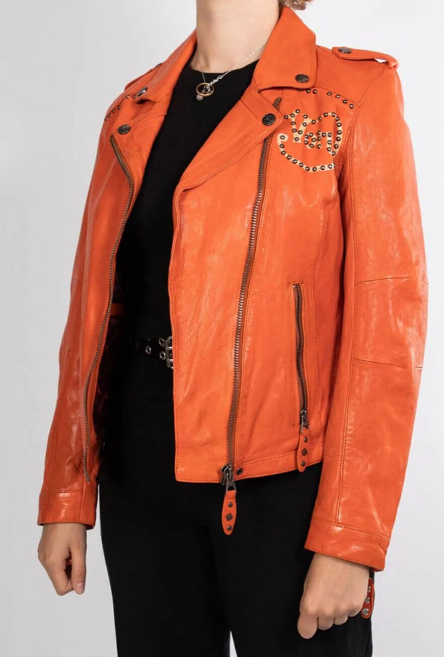 Women's orange biker style rose garden leather jacket lacosta