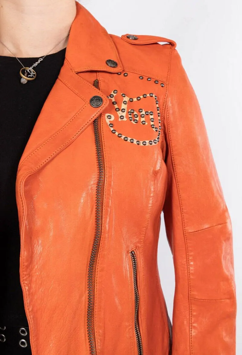 Women's orange biker style rose garden leather jacket lacosta