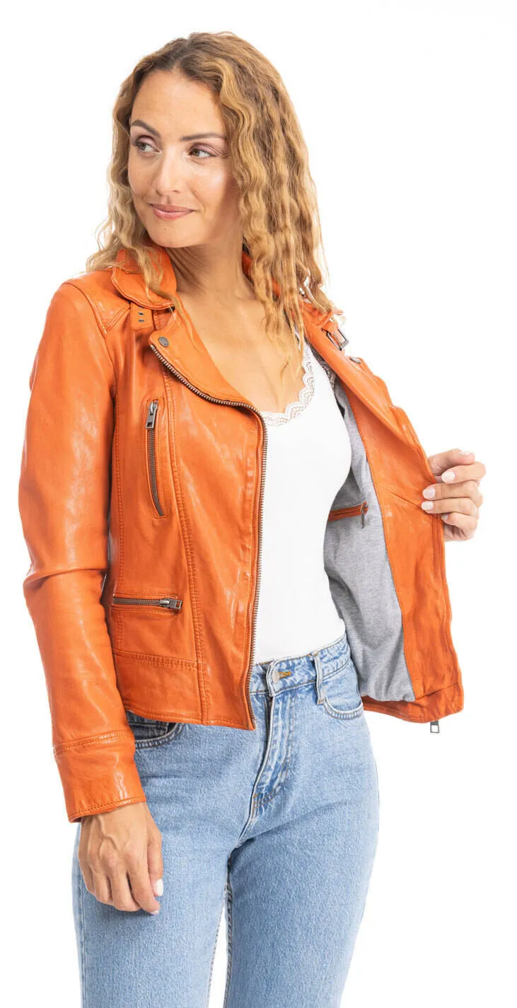 Women's orange oakwood biker style leather jacket 62065