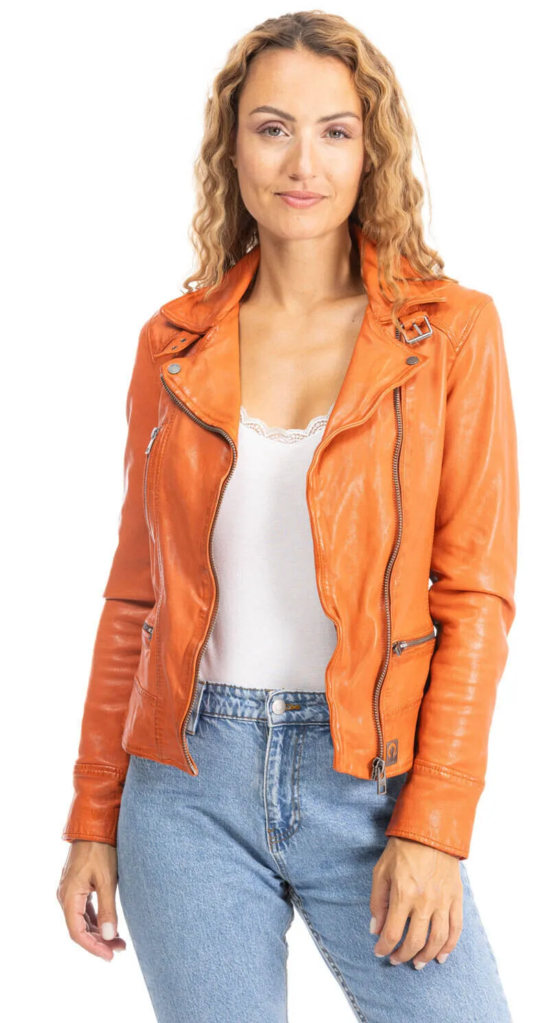 Women's orange oakwood biker style leather jacket 62065