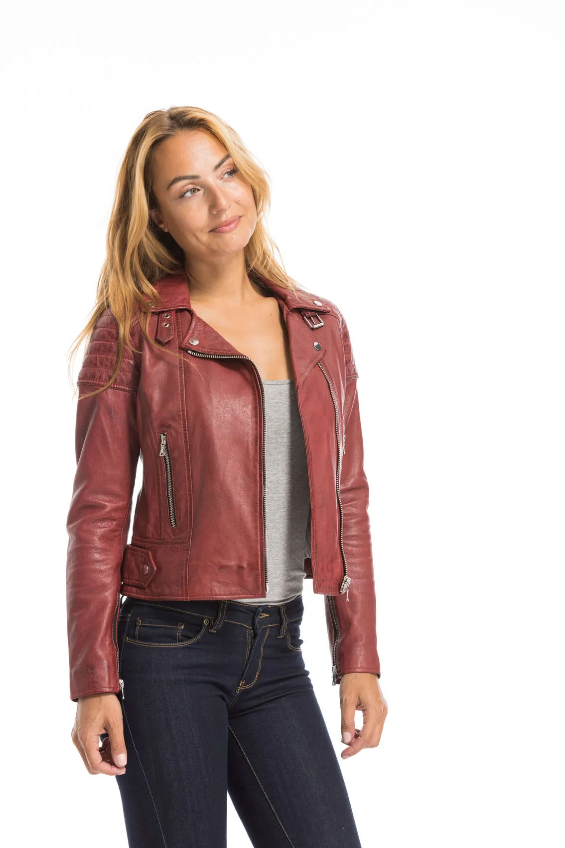 Women's red oakwood biker style leather jacket 64402