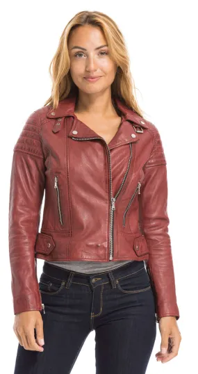 Women's red oakwood biker style leather jacket 64402