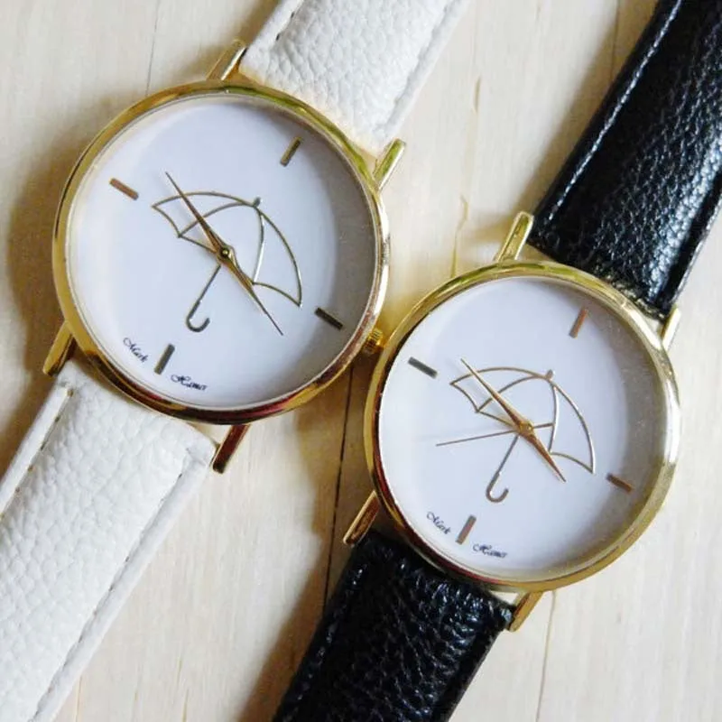 Womens Watch Umbrella Style Print Leather Band Women Lady Girl Dress Clocks Analog Casual Relojes Quartz WristWatch